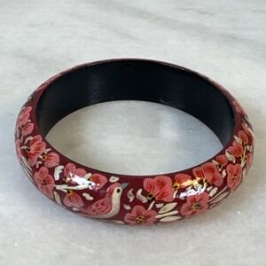 Vintage Wood Bangle Bracelet Hand Painted Tropical Birds and Flowers 3"